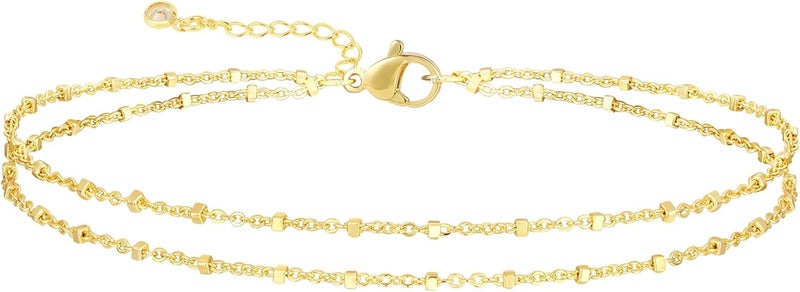 MIDEEO Gold/Silver Ankle Bracelets for Women,14K Gold Anklets for Women Waterproof Cuban Link Heart Beads Herringbone Rhinestone Anklets Set Layered Anklet Bracelets for Women Gold Jewelry Gift - Image 1